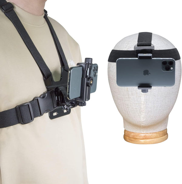 Mobile Phone Chest Strap Mount Harness and Head Strap Holder Kit for VLOG/POV, Compatible with iPhone, Samsung, Google,