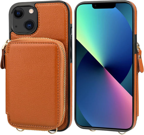 Bocasal RFID Blocking Wallet Case for iPhone 14 & 13, Adjustable Crossbody Zipper Purse with Kickstand, 6.1 Inch (Brown)