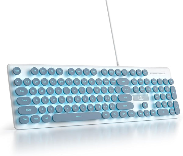 Full Size Blue Typewriter Keyboard, 104-Key Retro Punk Keyboard with LED Blue Backlight, Silent Wired USB for