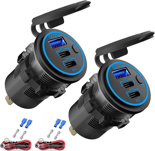 2 PACK 12V USB Outlet Wired Charger Multi Port, Dual PD3.0 USB-C & Quick Charge 3.0 Car USB Port Socket with Power