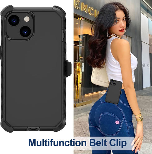 iPhone 14 Case (6.1”) - Rugged Black Heavy Duty Shockproof Cover with Belt Clip Holster & 2X Screen Protector.