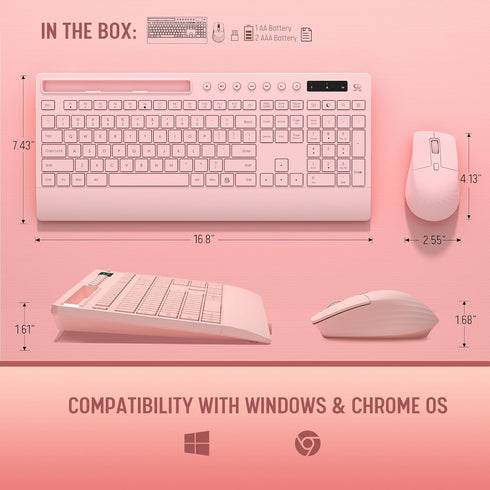 Trueque 2.4G Set Pink Keyboard and Mouse Wireless, Lag-Free Cute Keyboard Combo with Ergonomic Wrist Rest, Phone Holder
