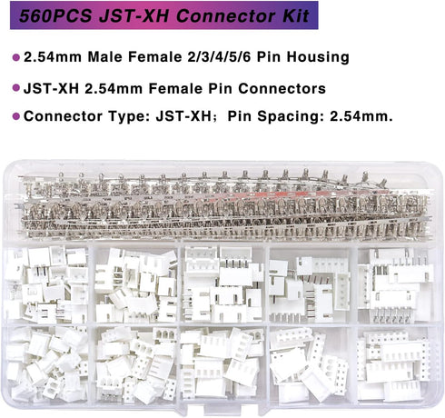 Taiss 560PCS 2.54mm JST-XH Connector Kit 2.54mm 2/3/4/5/6 Pin Housing Female and Male Adapter Cable Connector Plug,JST Connector Female Pin Head Connector Adapter Plug