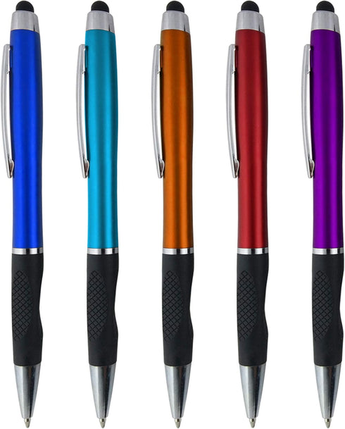SyPen 5-Pack 2-in-1 Twist Action Metallic Capacitive Stylus with Comfort Grip Ball Point Black Ink Pen