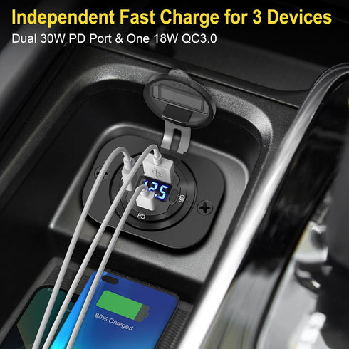 USB C Car Charger Socket, 12V USB Outlet 2 Pack, Aluminum Metal 78W Dual USB-C PD 30W and 18W QC3.0
