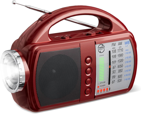 Weather Radio Portable AM FM Radio with Bluetooth, Rechargeable Emergency Radio, Built-in Rechargeable Battery or 4 AA