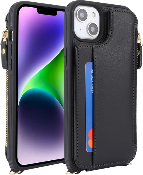 Cavor iPhone 13 Case with Card Holder, Wallet Case for Women, Leather Zipper Pocket Case with Strap (Black)