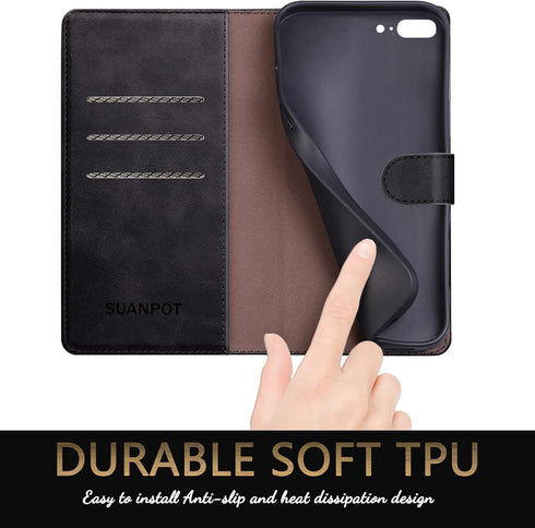 SUANPOT Flip Book Phone Case for iPhone 7 Plus/8 Plus - RFID Blocking Leather Wallet Case, Shockproof Cover, Black