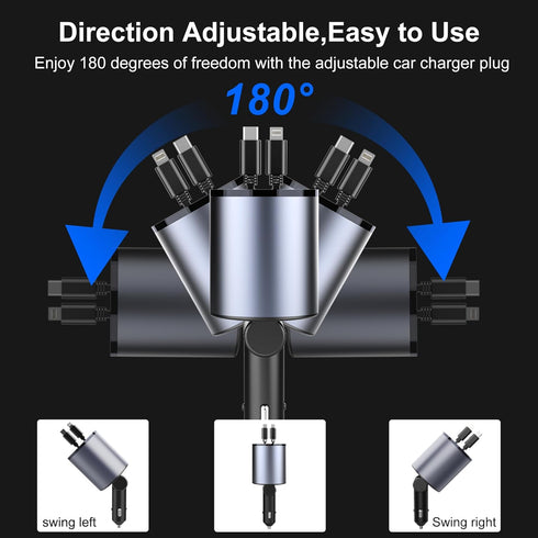 Retractable Car Charger 4 in 1 Fast Charge USB C Adapter with Retractable Cord 100W for iPhone 15 Pro Max Plus