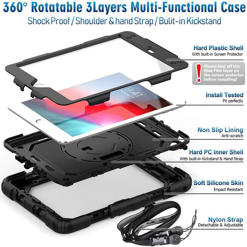 Timecity Case Compatible for iPad Mini 5/4, Full-Body Protective Case with Screen Protector, 360 Rotating Stand, Black