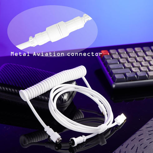 USB C Coiled Cable, Double-Sleeved Mechanical Coiled USB C Cable with Detachable Metal Aviator, USB-C to USB-A (White)
