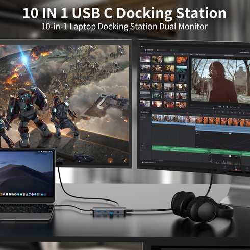 YUANSHAN 10-in-1 4K 100W 1 3.0, 2 2.0, 3.5mm Docking Station Dual Monitor, USB C Hub with Dual HDMI, VGA, PD, x USB x