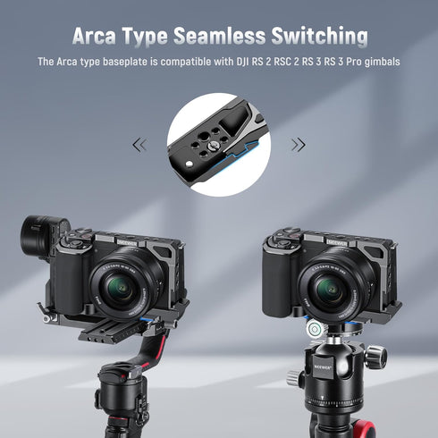 NEEWER ZV-E10 Camera Cage with Silicone Grip, 1/4" Threads, ARRI Holes, Arca Type QR Base, Compatible with DJI Gimbals