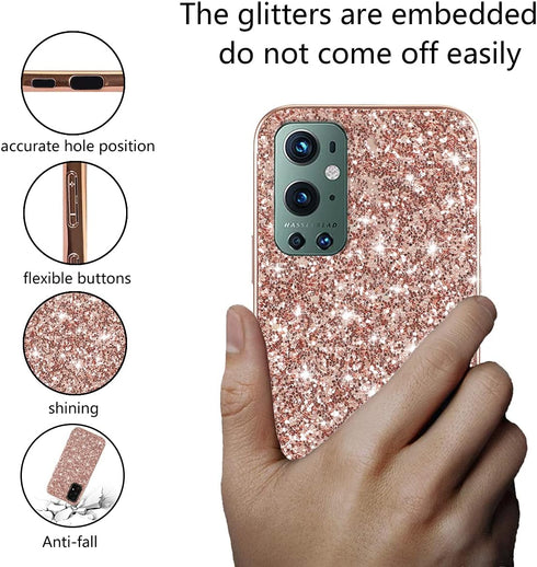 OnePlus 9 Pro Case - Glitter Shockproof Bling Soft TPU & PC, Thin Protective Cover for Women (Rose Gold)