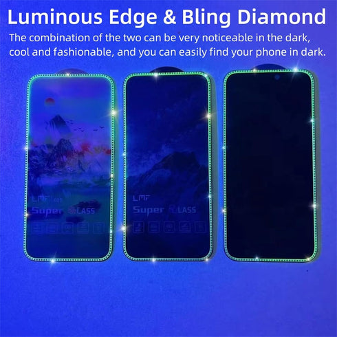 ?2 PACK? Diamond Luminous Edge Tempered Glass Film for iPhone 15Pro Screen Protector, 1 Clear HD + 1 Anti Spy, Case