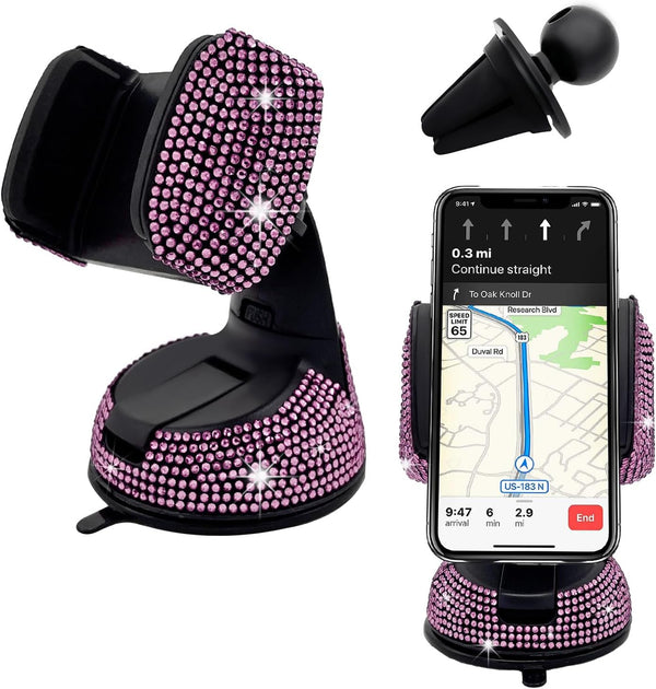 Bling Car Phone Holder, 360 Degree Adjustable Crystal Auto Dashboard Air Vent Mount, Universal for Windshield and