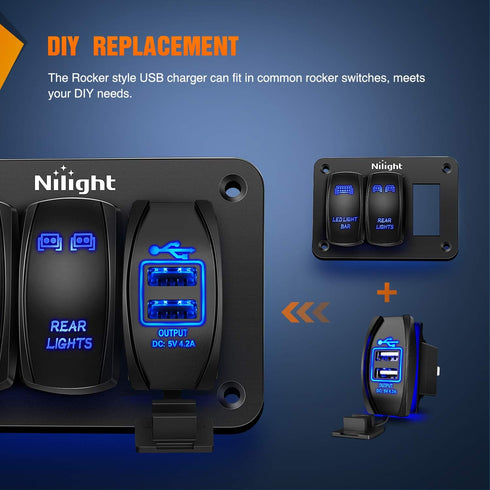 Nilight Dual USB Charger 4.2A Rocker Switch Style USB Charger 12V/24V Fast Charge Socket Waterproof Quick Charger for