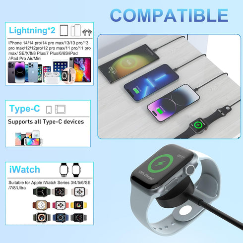 4 in 2 iWatch Charger Cable for Apple Watch/iPhone/Airpods, 3M Multi Charging Cable Travel Watch Charger Cord