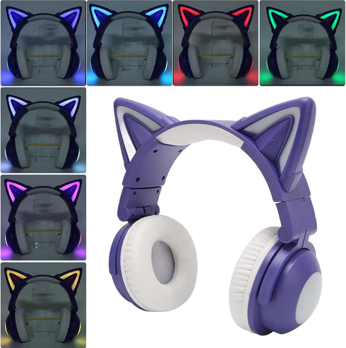 PUSOKEI RGB Cat Ear Headphone, Stereo Cute Gaming Bluetooth Headphones with 3.5mm Cable, Over Ear, Adjustable LED Light