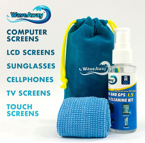 Wave Away Sonar & GPS Screen Cleaner with Micro Fiber Cloth for Boating & Fishing - Improves Clarity and Protects Screens - Spray, Wipe, Shine - 1.5oz Screen Cleaner