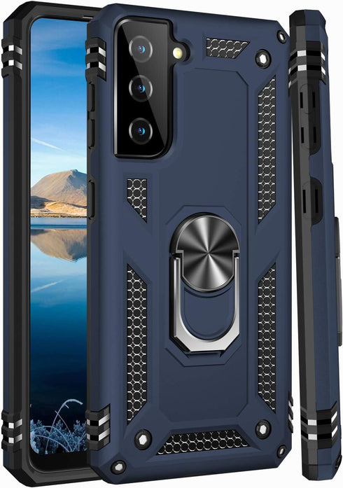 IKAZZ Galaxy S21 Case, Military Grade Shockproof Heavy Duty Protective Cover with Magnetic Kickstand, Blue