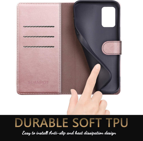 SUANPOT Leather Wallet Case for Samsung Galaxy A71 5G - RFID Credit Card Holder Flip Folio Cover - Shockproof Rose Gold