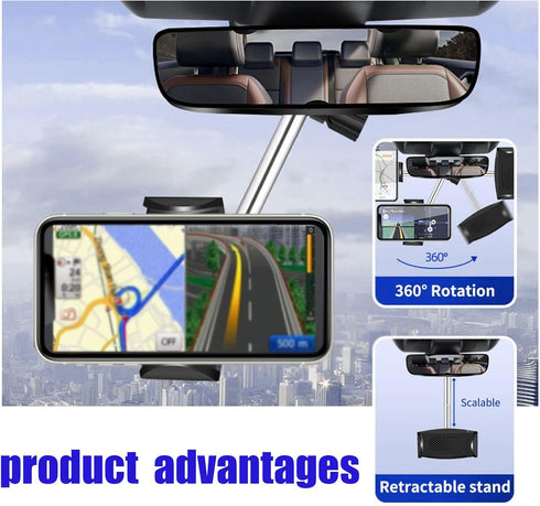 Car Rearview Mirror Mobile Phone Holder Pack-1, 360 Degrees Rotation, Retractable Bracket, for Most Car Models (Black)