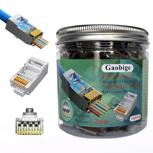 100-Pack RJ45 Pass Through Connectors, Cat6 Cat6A Shielded Ends for 23AWG Solid Wire and Standard Cable