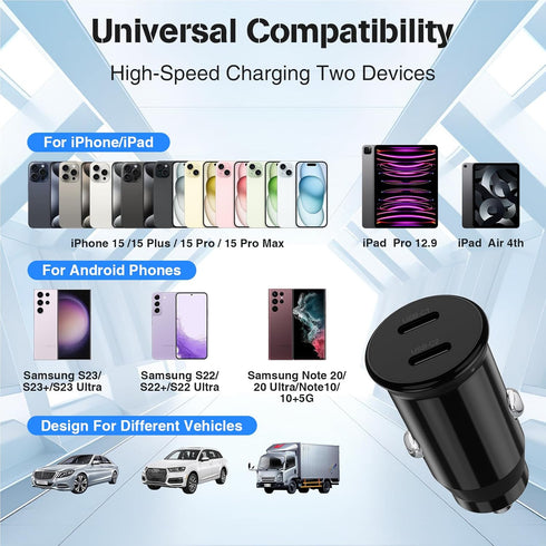 Car Charger for iPhone 15, 40W Dual USB C Cigarette Lighter with 2 Pack 6FT USB C to USB C Cable Fast Charging for