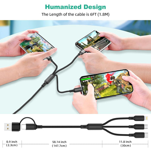 Multi Charging Cable 3Pack-6ft, Multi USB Cable Braided 6 in 1 Multiple Phone Charger Cable Universal USB A/C Charging