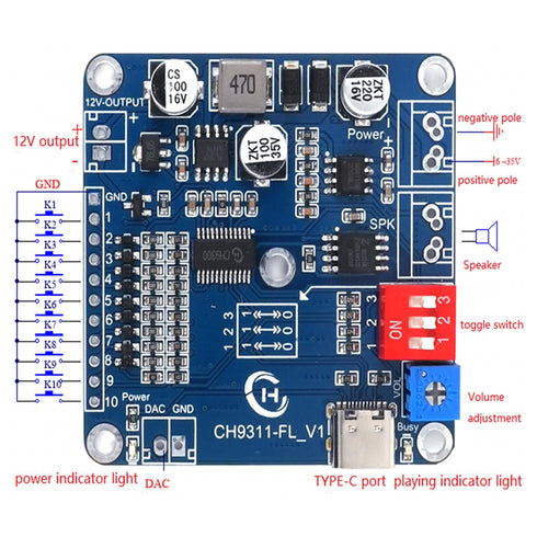 20W 8MB MP3 12V Programmable 10-Way Sound Playback Board, Voice Module USB Downloadable Music Player DAC Output Support