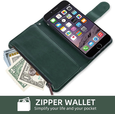 Asuwish iPhone 6 6s Wallet Case with Flip Card Holder & Tempered Glass Protector - Dark Green for Men & Women.