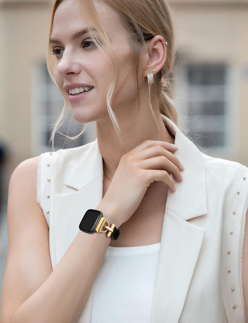 Wearlizer Leather Band for Fitbit Versa 2, Dressy Slim Leather Strap with D-Shape Metal Buckle for Versa/Versa