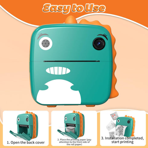 MFLABEL Kids Instant Print Camera, HD Dinosaur Selfie Digital Camera with 1080P Videos, Portable Travel Toy Set