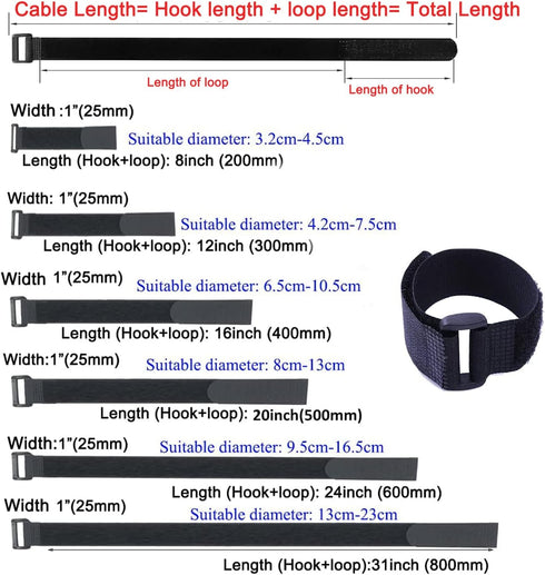 10 Pack Fastening Nylon Strap with Buckle, Reusable Self-Adhesive Hook and Loop Cable Securing Straps