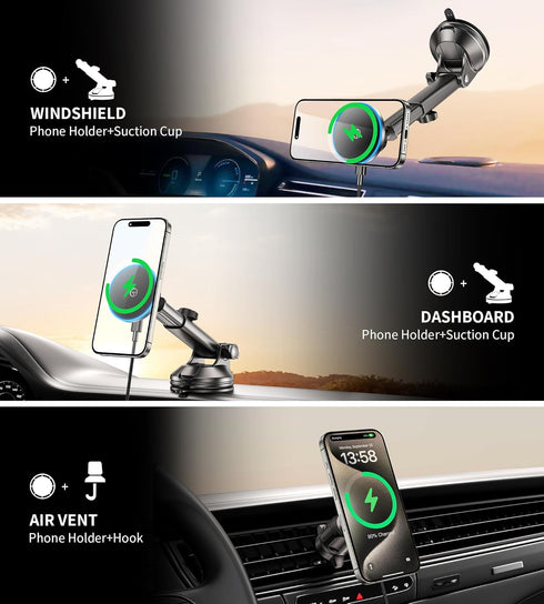 MagSafe Car Mount Charger - Wireless Car Charger with LED Light for Night Align, Strong Magnetic Holder