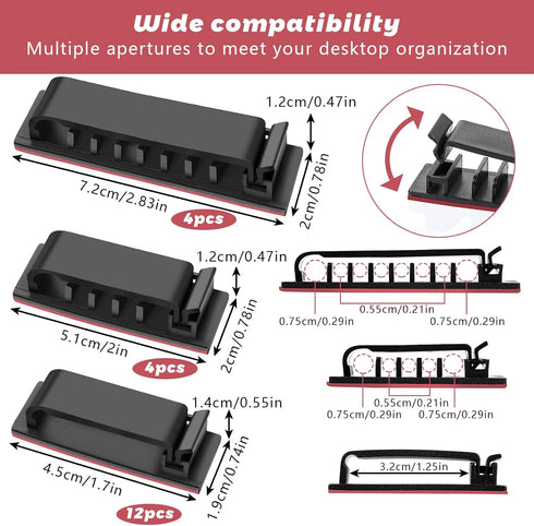 Cable Management Clips, 20 Pcs Self-Adhesive Cable Clips, Electrical Cord Management Cable Organizers Wire Clips Cord Holder Under Desk for TV PC Ethernet Cable Wall Home Office Wires (Black)