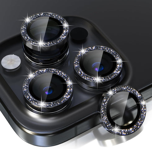 Choiche Bling Camera Lens Protector for iPhone 15 Pro/Pro Max, 9H Tempered Glass, Glitter-Black, Metal Ring Decor.