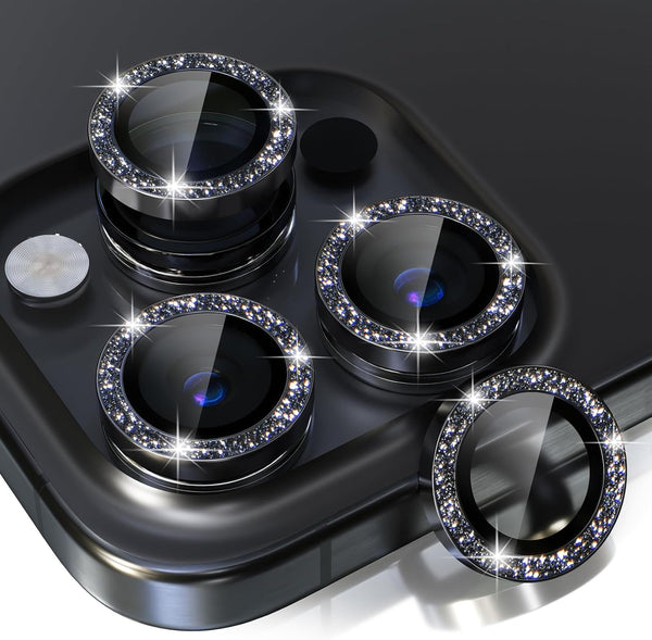 Choiche Bling Camera Lens Protector for iPhone 15 Pro/Pro Max, 9H Tempered Glass, Glitter-Black, Metal Ring Decor.