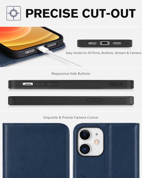 TUCCH Wallet Case for iPhone 12 Pro/iPhone 12 5G, PU Leather Folio with Kickstand, Card Slot, Dark Blue