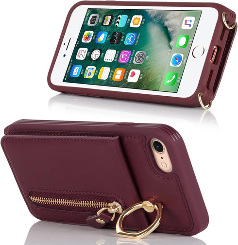 iPhone 7 8 SE (2020) Case with Card Holder, Red Wine Wallet with Strap, Credit Card Slots, Crossbody Kickstand