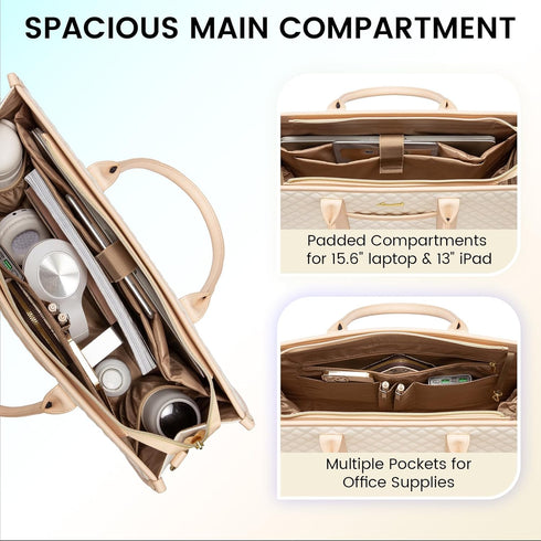 LOVEVOOK 17 Inch Laptop Bags for Women, Waterproof Work Tote Bag with Clutch, Quilted Beige & Brown