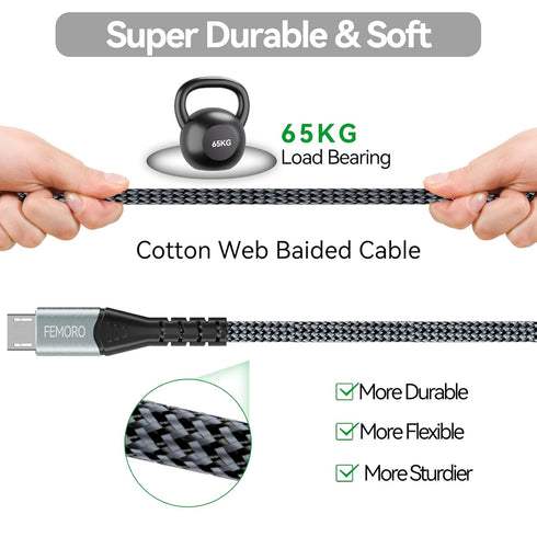 FEMORO Micro USB Cable 3ft 2 Pack, USB Type A to Micro USB 2.0 Charger Cables for Data Transfer, Compatible with