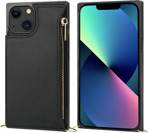 Bocasal Crossbody Wallet Case for iPhone 13, RFID Blocking Card Slot Holder, Magnetic Flip Folio Case, Black (6.1 Inch