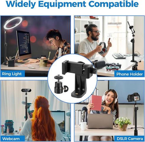 1/4" 14"-23.6" Camera Desk Mount Stand with Ball Head and Phone Holder Clip, Desktop Light Stand, Adjustable Light