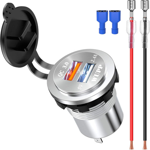 Upgraded Aluminum Alloy Fast Charging 3.0 USB Charger Socket, IP66 Waterproof Dual USB Power Outlet for Vehicles