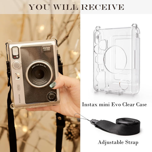 Rieibi Clear Protective Case for Fujifilm Instax Mini Evo Instant Camera, Hard Carrying Case with Shoulder Strap