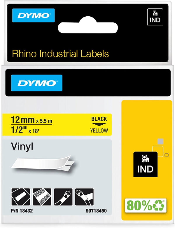 DYMO Rhino Industrial Vinyl Labels, 1/2", Black Print on Yellow Tape