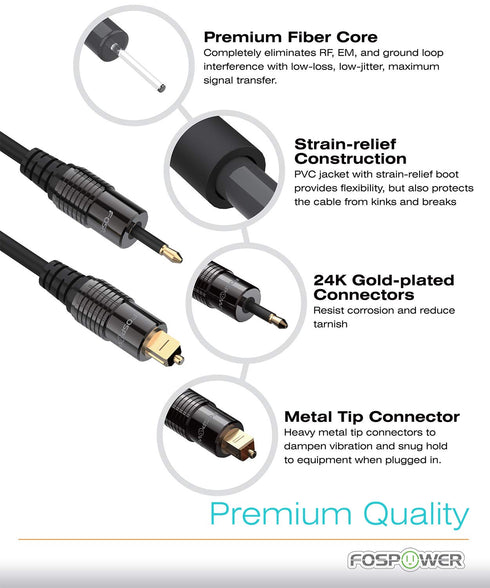 FosPower 24K Gold Plated Toslink to Mini Toslink Digital Optical S/PDIF Audio Cable - 6ft