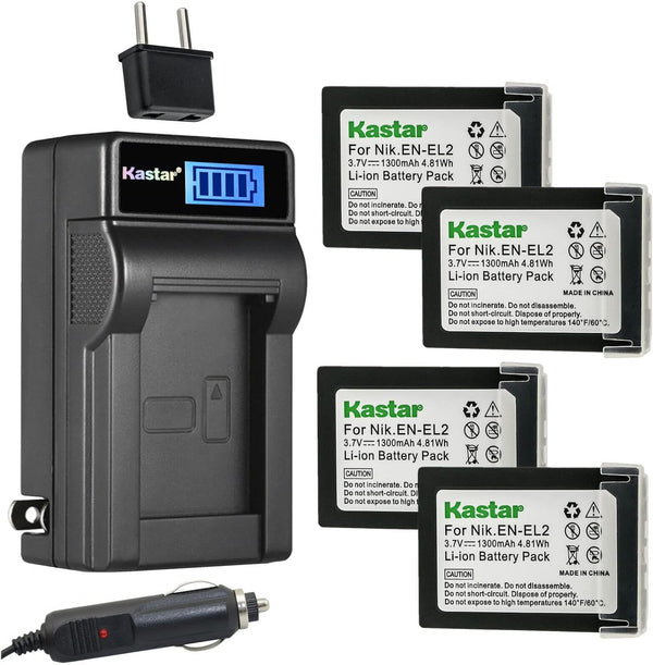 Kastar 4-Pack EN-EL2 Battery and LCD AC Charger for Nikon EN-EL2 ENEL2 EL2 Battery, Compatible with Nikon Coolpix
